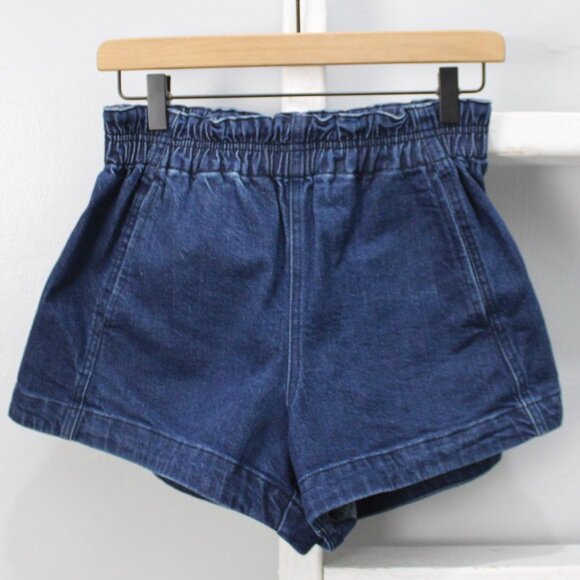 Apiece Apart Blue Dark Wash Denim Elastic Waist Mini Shorts Size 2 / Small - Picture 1 of 5